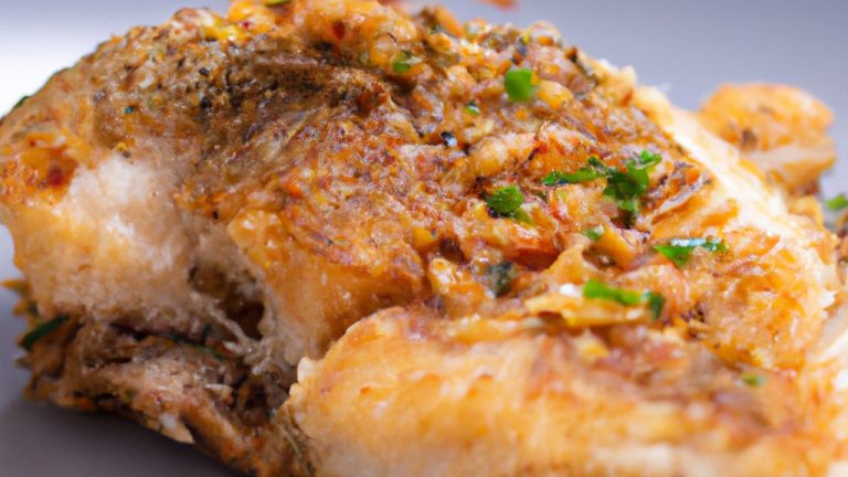 Imagem de um prato de corvina frita em uma airfryer, acompanhada de limão e ervas. O peixe tem uma crosta dourada e crocante, e a carne é branca e suculenta. A imagem mostra o quão fácil e delicioso é preparar corvina na airfryer.