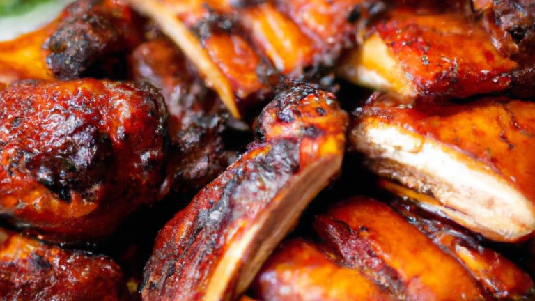 Imagem de uma costela de tambaqui assada na airfryer. A costela é dourada e crocante, e está apoiada em uma tábua de madeira. Há uma fatia de limão ao lado da costela.