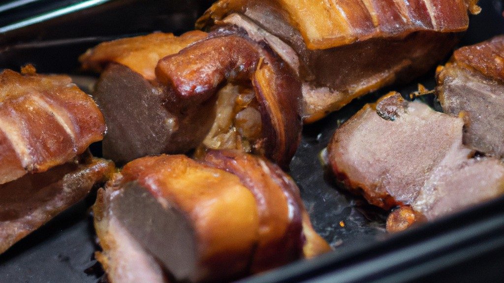 Imagem de costelinhas de porco crocantes e douradas sendo cozidas em uma Airfryer. A carne é suculenta e tenra, com uma crosta crocante por fora. A Airfryer está em uma superfície de cozinha com ingredientes como sal, pimenta e ervas ao redor.