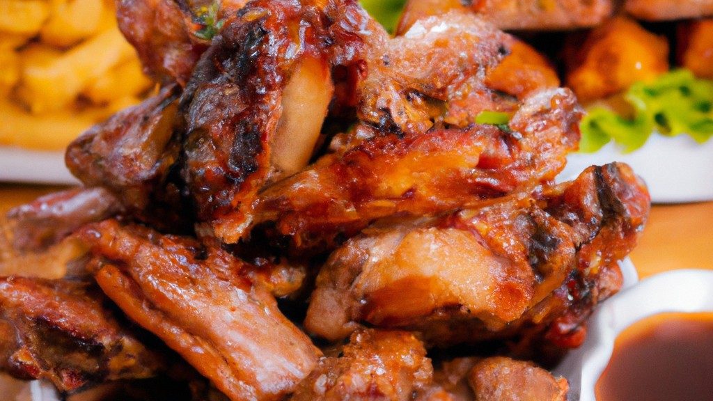 Imagem de costelinhas de coelho crocantes e douradas cozidas em uma Airfryer. As costelinhas são dispostas em uma grade sobre uma assadeira e cobertas com ervas e especiarias. O fundo é desfocado, destacando as costelinhas em primeiro plano.