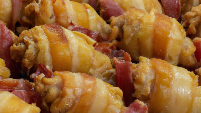 Foto de coxas de frango assadas com bacon na airfryer, servidas em um prato com rodelas de limão e ervas frescas. As coxas de frango estão douradas e crocantes, com o bacon adicionando um toque salgado e defumado.