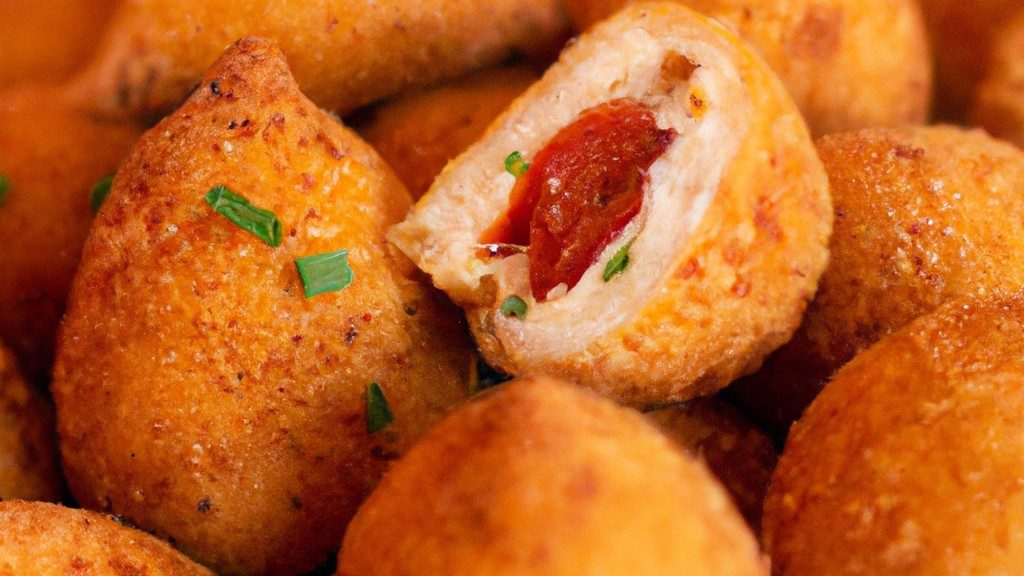 Imagem de coxinhas da asa crocantes e douradas cozidas em uma airfryer. As coxinhas são temperadas com um delicioso tempero caseiro, composto por ervas e especiarias, dando um sabor irresistível.