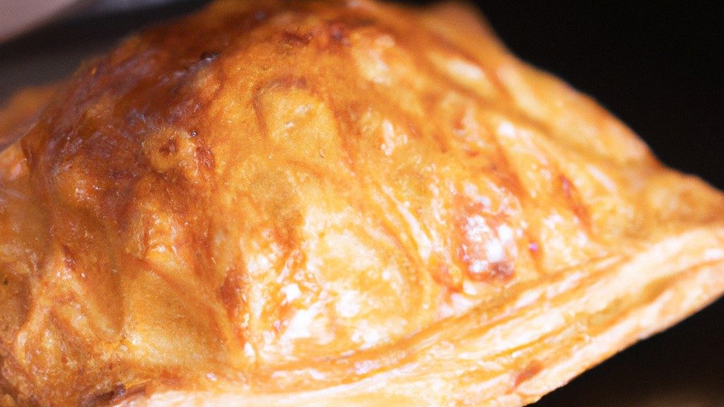 Imagem de um croissant de massa folhada dourado e crocante, cozido na Airfryer. O croissant tem uma textura folhada e está coberto com sementes de papoula.