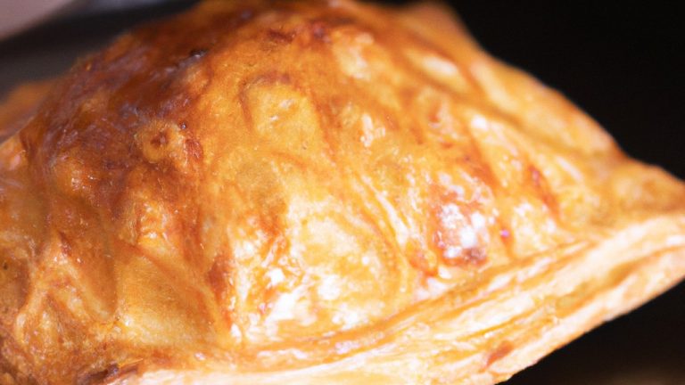 Imagem de um croissant de massa folhada dourado e crocante, cozido na Airfryer. O croissant tem uma textura folhada e está coberto com sementes de papoula.