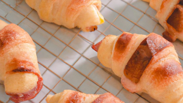 Croissants de queijo e fiambre dourados e crocantes, preparados numa Airfryer. Os croissants estão recheados com queijo derretido e fiambre fatiado, criando uma refeição deliciosa e satisfatória.
