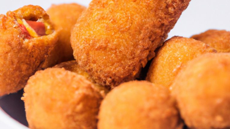Imagem de croquetes dourados e crocantes preparados em uma airfryer, acompanhados de um molho para imersão. Esses salgadinhos são perfeitos para um lanche ou aperitivo.