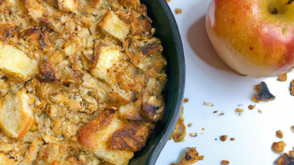 Imagem de uma torta de maçã frita e dourada, cozida em uma Airfryer. A torta é feita com uma crosta escamosa e recheada com maçãs fatiadas, canela e açúcar.