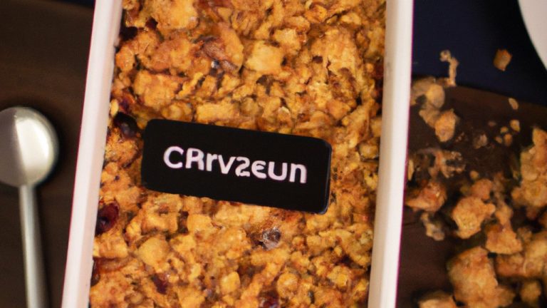 Imagem de um crumble de uva dourado e borbulhante em um prato branco. O crumble é coberto com uvas vermelhas e verdes frescas.