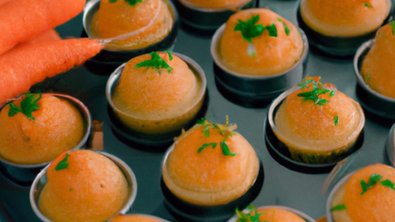 Imagem de cupcakes de cenoura fofos e dourados cozidos em uma airfryer, cobertos com um creme de queijo cremoso.