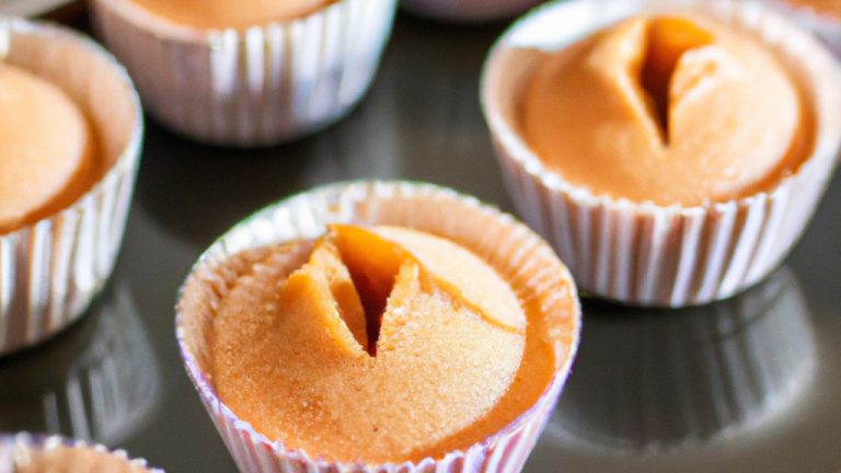 Imagem de cupcakes dourados e fofos em forminhas de papel branco, polvilhados com açúcar de confeiteiro e cobertos com um redemoinho de doce de leite cremoso.