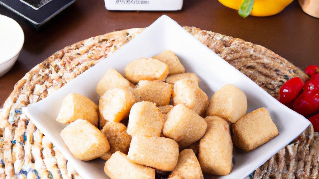 Imagem de dadinhos de tofu crocantes e dourados, preparados na airfryer. Os dadinhos estão dispostos em um prato, guarnecidos com cebolinhas picadas e um molho de soja ao lado.