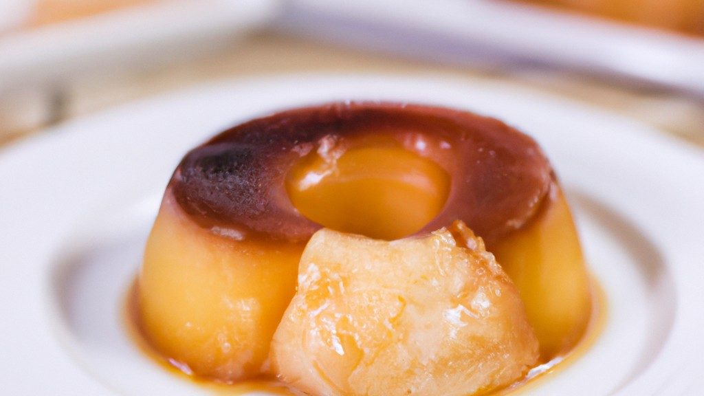 Imagem de um pudim de coco cremoso e dourado em uma tigela transparente, coberto com uma espessa calda de caramelo. O pudim é guarnecido com raspas de coco e folhas de hortelã fresca.