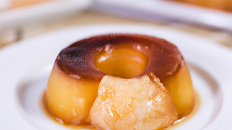 Imagem de um pudim de coco cremoso e dourado em uma tigela transparente, coberto com uma espessa calda de caramelo. O pudim é guarnecido com raspas de coco e folhas de hortelã fresca.
