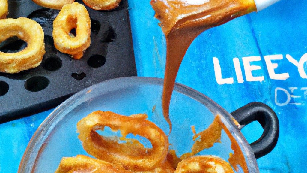 Imagem de um pote de vidro cheio de doce de leite cremoso, com uma colher ao lado, sobre uma tábua de madeira, com o título "Doce de Leite na Airfryer: fácil e delicioso!"