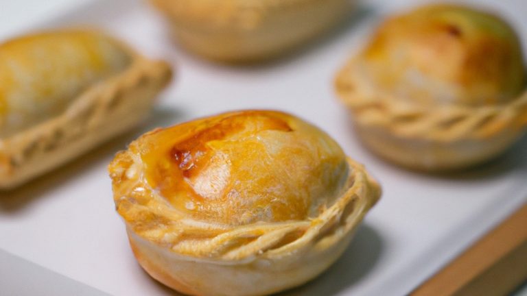 Imagem de uma empadinha dourada e crocante cozida em uma Airfryer. A empadinha é coberta com sementes de gergelim e recheada com um delicioso recheio caseiro.