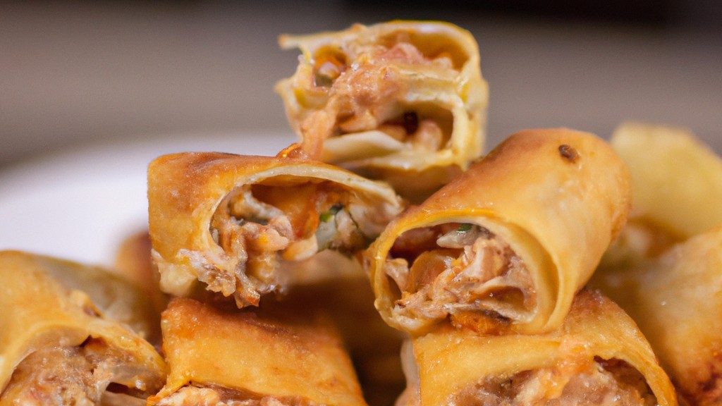 Foto de um prato de rolinhos de lasanha crocantes na airfryer. Os rolinhos são feitos com massa de lasanha enrolada em torno de um recheio de queijo, carne moída e legumes. Eles são dourados e crocantes por fora e macios e queijosos por dentro.