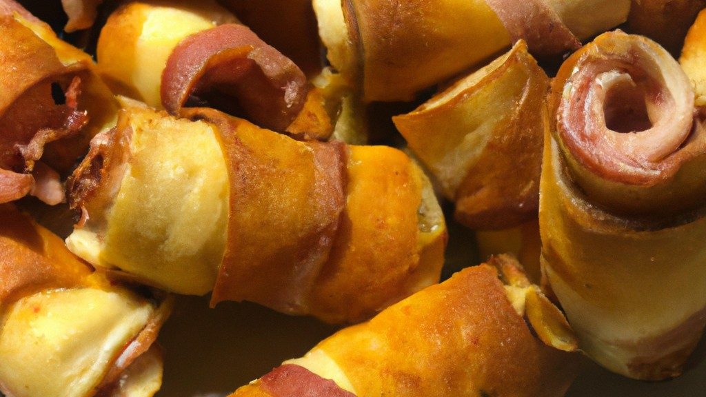 Imagem de enroladinhos de presunto e queijo crocantes e dourados cozidos na Air Fryer, servidos em um prato com um molho de mostarda cremoso ao lado.