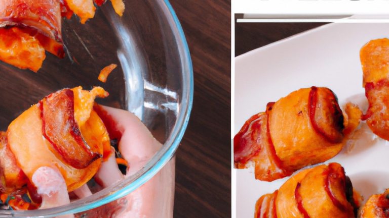 Foto de enroladinhos crocantes e dourados de queijo e bacon, preparados na Airfryer. Os enroladinhos são servidos em um prato branco com uma tigela de molho de tomate ao lado.