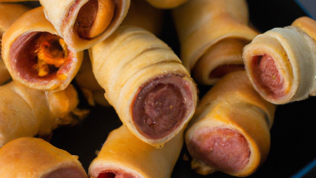 Imagem de enroladinhos de salsicha envoltos em massa de pastel, assados na Airfryer. Os enroladinhos estão dourados e crocantes, com um recheio de salsicha suculento. Eles são servidos em um prato com um molho de mostarda ao lado.