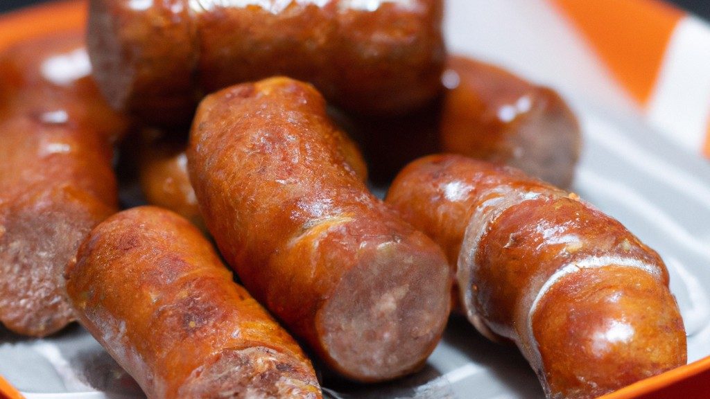 Imagem de uma cesta de airfryer cheia de enroladinhos de salsicha dourados e crocantes. Os enroladinhos são feitos com massa folhada e recheados com salsicha moída, cebola e temperos.