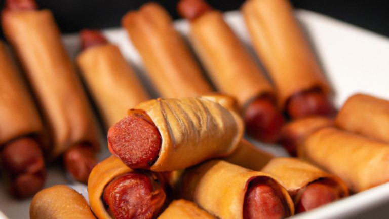 Imagem de salsichas crocantes e douradas enroladas em uma massa folhada em forma de espiral, cozidas em uma airfryer. As salsichas estão dispostas em uma cesta de metal da airfryer, com um fundo cinza claro.