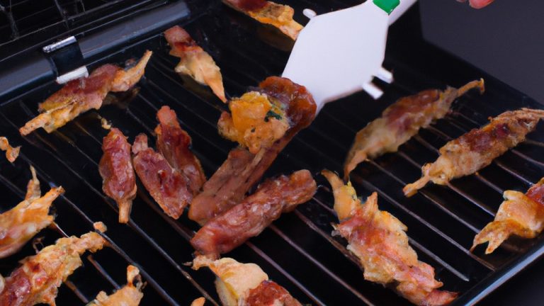 Imagem de uma espetada de frango e bacon cozida em uma Airfryer. Os pedaços de frango e bacon são dourados e crocantes, e a espetada está enfiada em um prato.