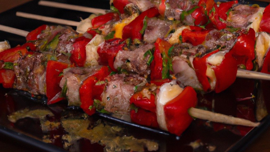 Imagem de espetinhos de carne grelhados na Airfryer, acompanhados de tomates e pimentões assados. Os espetinhos estão dourados e suculentos, enquanto os legumes estão macios e caramelizados. A imagem transmite o aroma e o sabor apetitosos do prato, sugerindo uma refeição rápida e saborosa.