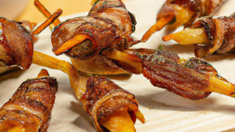 Imagem de espetinhos de carne grelhados na Airfryer, servidos com queijo derretido por cima. Os espetinhos são feitos com alcatra e temperados com sal e pimenta.