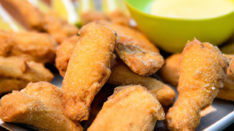 Imagem de espetinhos de frango empanados e dourados, feitos na airfryer. Eles são servidos em um prato com molho de tomate e mostarda ao lado.