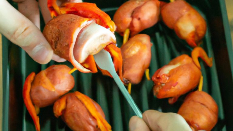 Imagem de espetinhos de salsicha cozidos em uma fritadeira de ar, com legumes e uma tigela de molho ao lado.