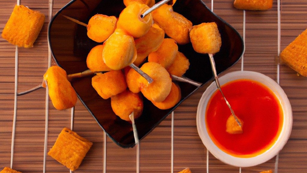 Espetinhos de queijo coalho grelhados na airfryer. Os espetinhos dourados e crocantes são apresentados em um prato com um molho de pimenta vermelha ao lado. O queijo coalho derreteu e escorreu levemente, criando uma textura tentadora.