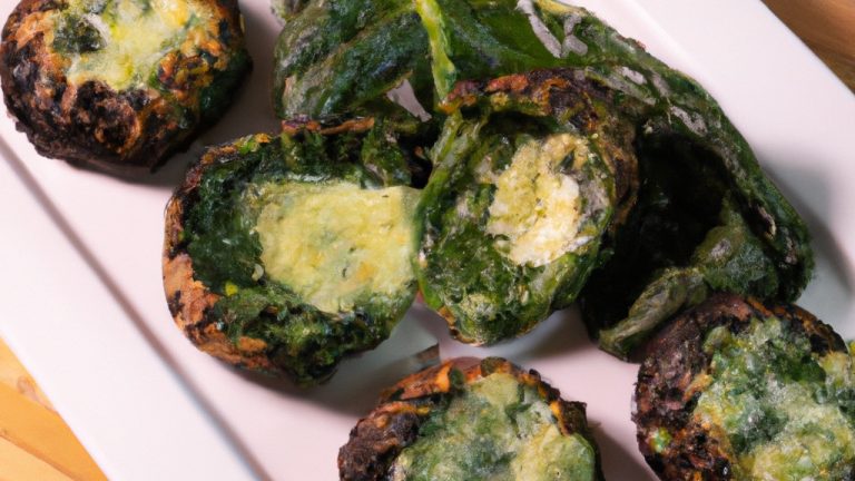 Imagem de um prato de espinafre gratinado feito na Airfryer. O espinafre é coberto com uma crosta dourada e crocante de queijo parmesão e pão ralado. O prato é servido com uma salada verde simples.