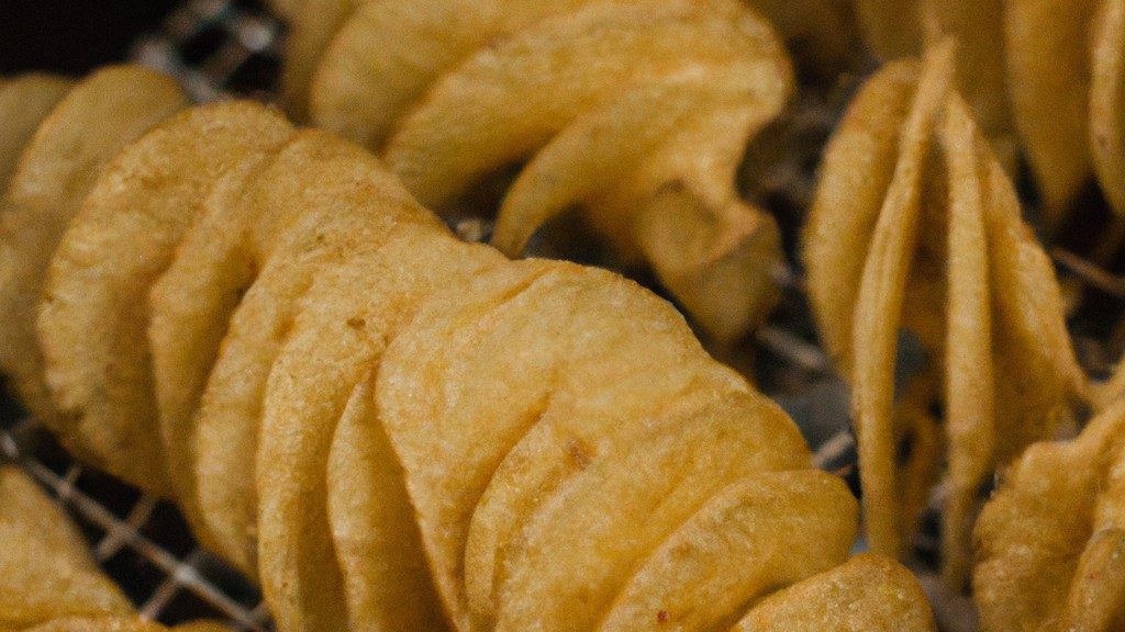 Imagem de espirais de batata douradas e crocantes preparadas em uma Airfryer. As espirais são dispostas em formato de círculo, sobrepostas umas às outras, criando um visual texturizado e apetitoso.