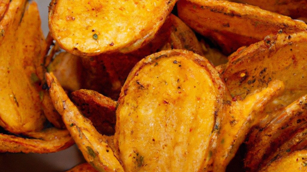 Imagem de um chuchu dourado e crocante cozido na Airfryer, com sementes pretas e casca enrugada. O chuchu está em um prato branco, com um garfo ao lado.