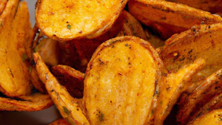 Imagem de um chuchu dourado e crocante cozido na Airfryer, com sementes pretas e casca enrugada. O chuchu está em um prato branco, com um garfo ao lado.