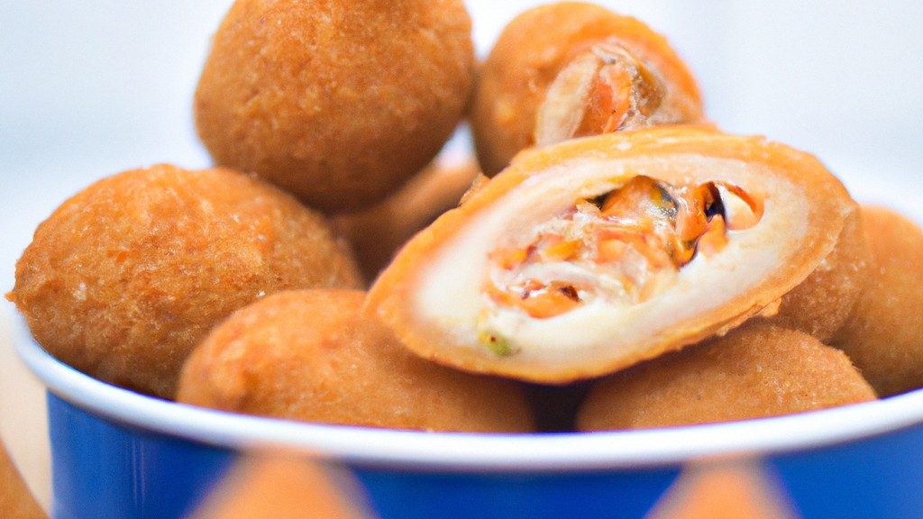 Uma imagem de coxinhas de frango crocantes e douradas preparadas em uma airfryer. As coxinhas são recheadas com frango desfiado temperado e cobertas com farinha de rosca.