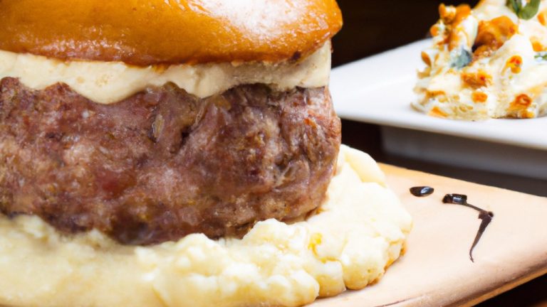 Imagem de um prato com um hambúrguer falso feito de carpaccio de carne, recheado com queijo mussarela e presunto. O hambúrguer é servido em um pão de hambúrguer e acompanhado de batatas fritas.