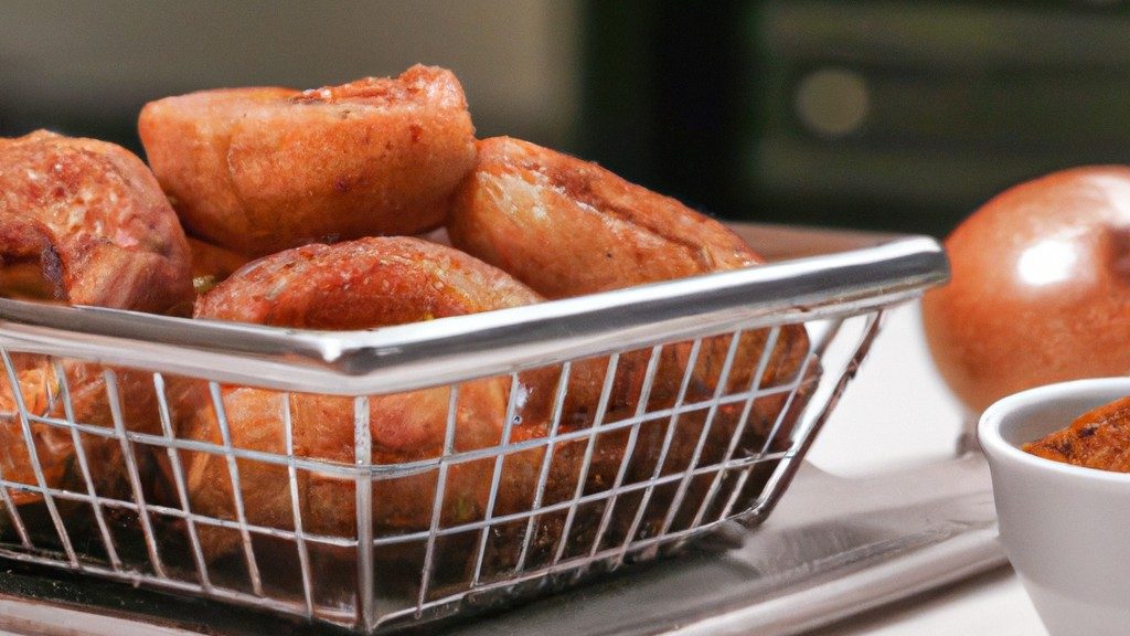 Imagem de fígado de boi cortado em tiras, temperado e empanado, cozinhando em uma airfryer. Ao lado, uma tigela com fatias de cebola roxa.