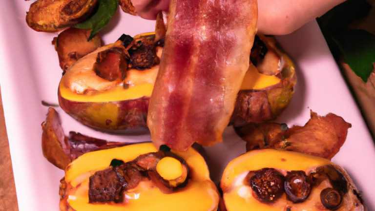 Imagem de um prato de figo recheado com queijo e bacon, preparado na Airfryer. Os figos estão dourados e crocantes por fora, com o queijo derretido e o bacon crocante por dentro. O fundo é branco e o prato é guarnecido com folhas de hortelã.