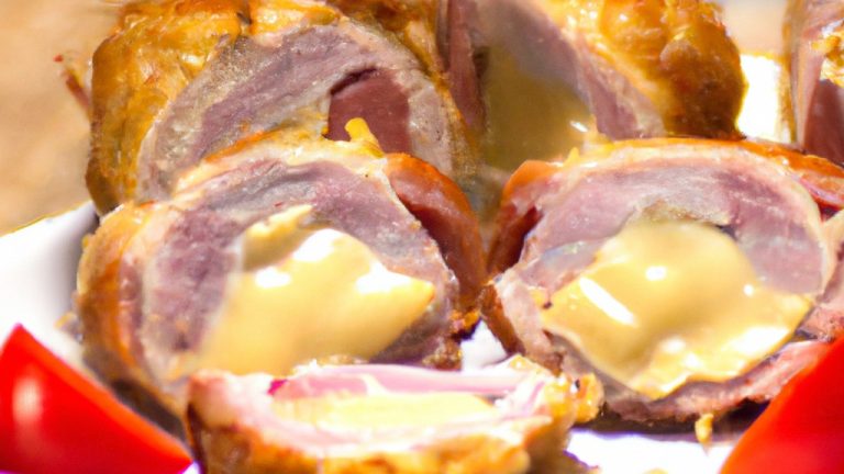 Imagem de um filé de frango recheado com presunto e queijo, cozido na Airfryer. O frango está dourado e crocante, e o recheio é derretido e borbulhante. O prato é servido com uma salada verde e um molho de mostarda.