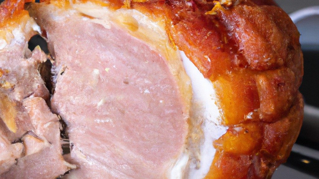 Imagem de um filé de lombo de porco dourado e crocante cozido em uma Air Fryer, servido em um prato com batata assada e vegetais assados.