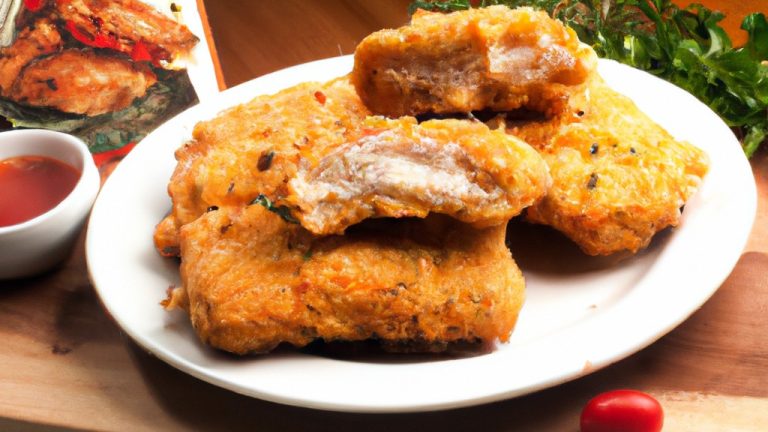 Imagem de um filé de peixe frito coberto com molho marinara e queijo derretido. O peixe está em um prato branco com uma guarnição de espinafre refogado.