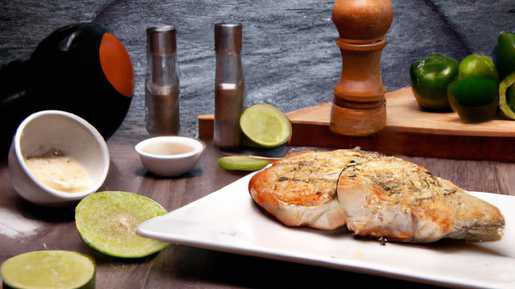 Imagem de filé de peixe crocante e dourado cozido em uma Airfryer, servido com fatias de limão e ervas frescas.
