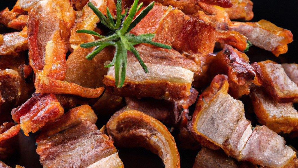 Imagem de filé de porco assado na Airfryer, coberto com bacon crocante. O filé é dourado e suculento, com a gordura do bacon caramelizada por cima. O prato é servido em um prato com legumes grelhados.