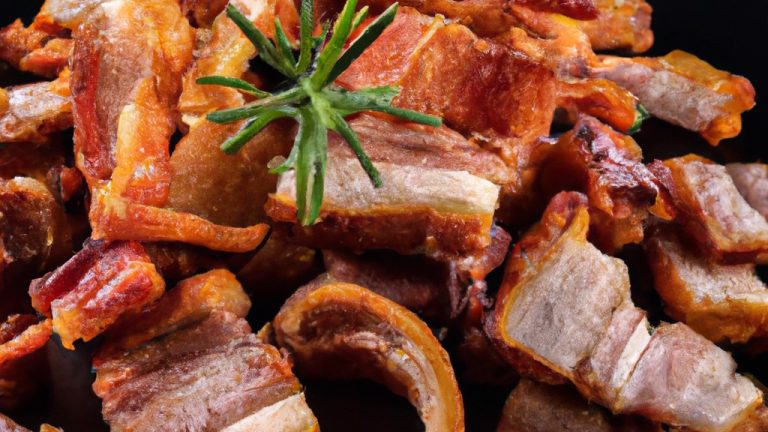 Imagem de filé de porco assado na Airfryer, coberto com bacon crocante. O filé é dourado e suculento, com a gordura do bacon caramelizada por cima. O prato é servido em um prato com legumes grelhados.