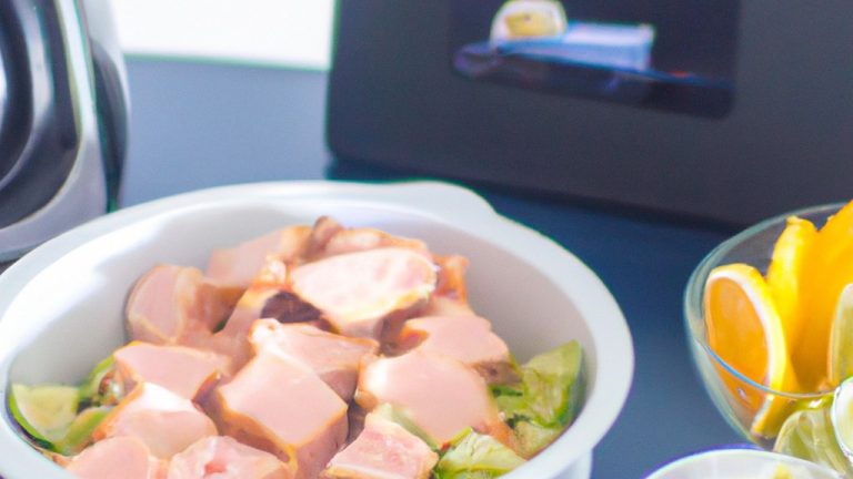 Imagem mostrando um filé de salmão cozido em uma airfryer, coberto com uma maionese cremosa. O salmão tem uma crosta crocante e dourada, enquanto a maionese adiciona um toque cremoso e saboroso. A imagem também mostra um prato com fatias de limão e ervas frescas.