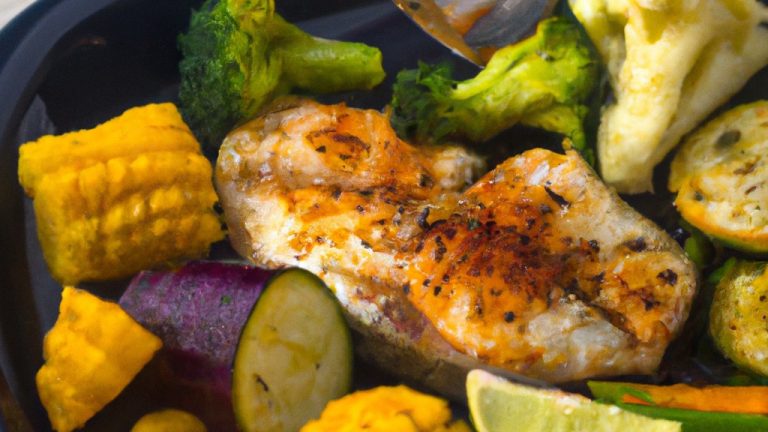 Imagem de um filé de tilápia grelhado perfeitamente na Airfryer, acompanhado por uma variedade de legumes assados, incluindo cenouras, brócolis e pimentões. O peixe tem uma crosta dourada crocante, enquanto os legumes estão tenros e caramelizados.