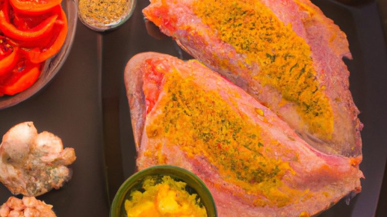 Imagem de filé de tilápia assado na Airfryer, coberto com tomates frescos e temperos. O filé é dourado e crocante, enquanto os tomates estão suculentos e cheios de sabor. O prato é apresentado em um prato branco com uma guarnição de limão e ervas frescas. O fundo é branco, criando um contraste nítido com o prato colorido.