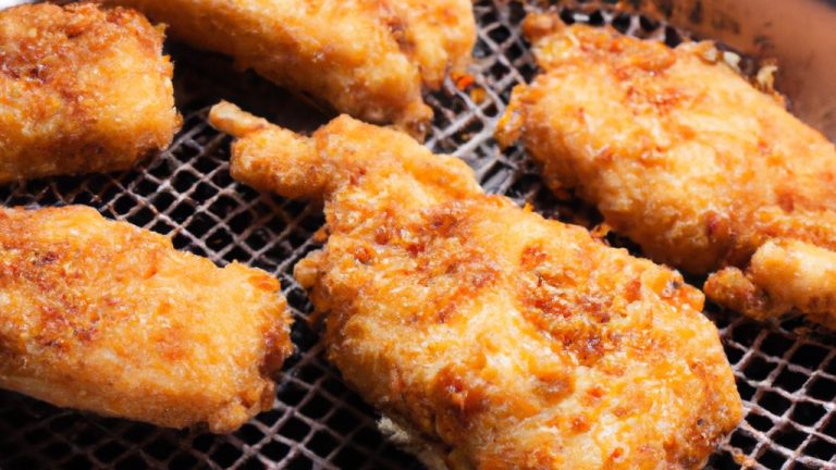 Imagem de filés de tilápia empanados e dourados, fritos em uma airfryer. Os filés são servidos em um prato com fatias de limão e um molho de sua escolha.