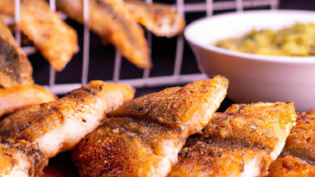 Filés de pescada crocantes e dourados preparados na airfryer, servidos em um prato com rodelas de limão e ervas frescas.